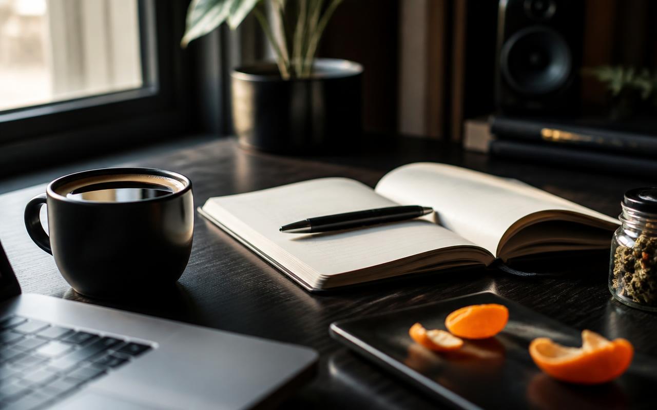 Editorial morning deep-work scene — not a product photo