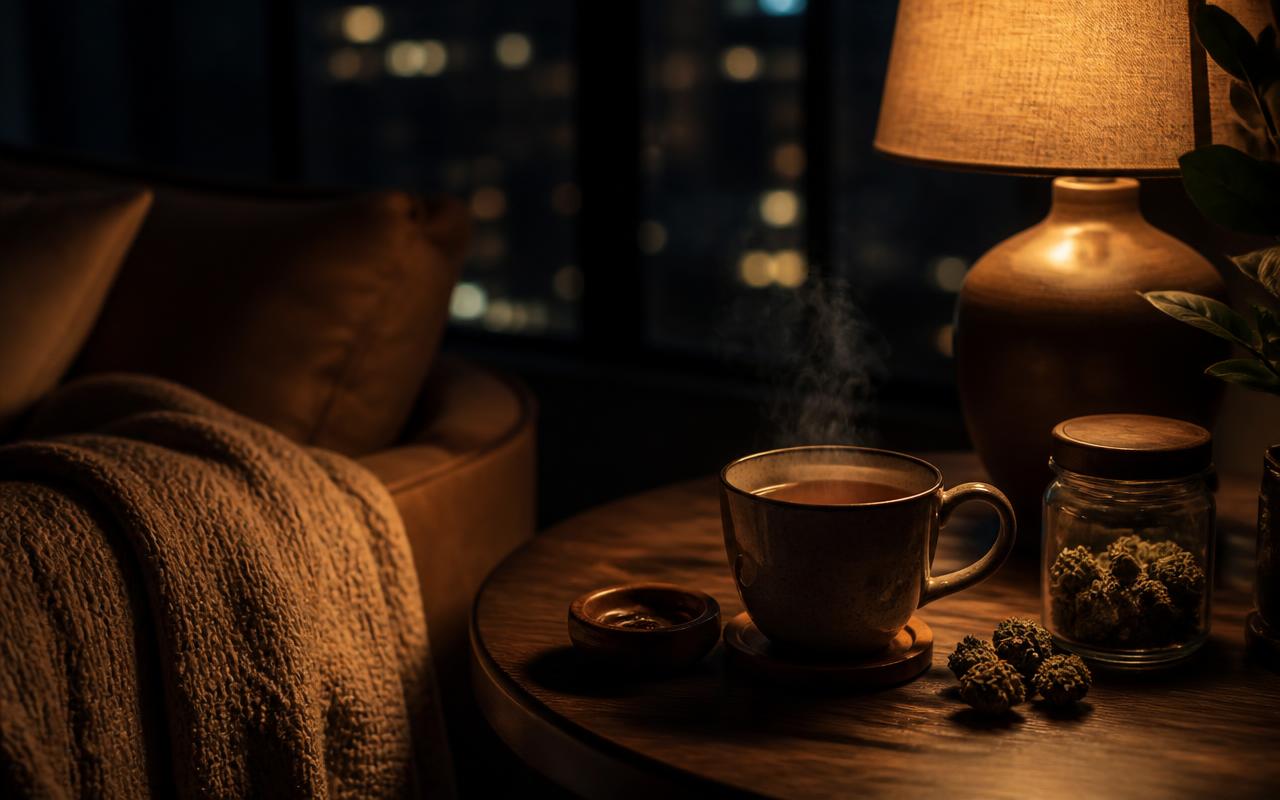 Editorial evening wind-down scene — not a product photo
